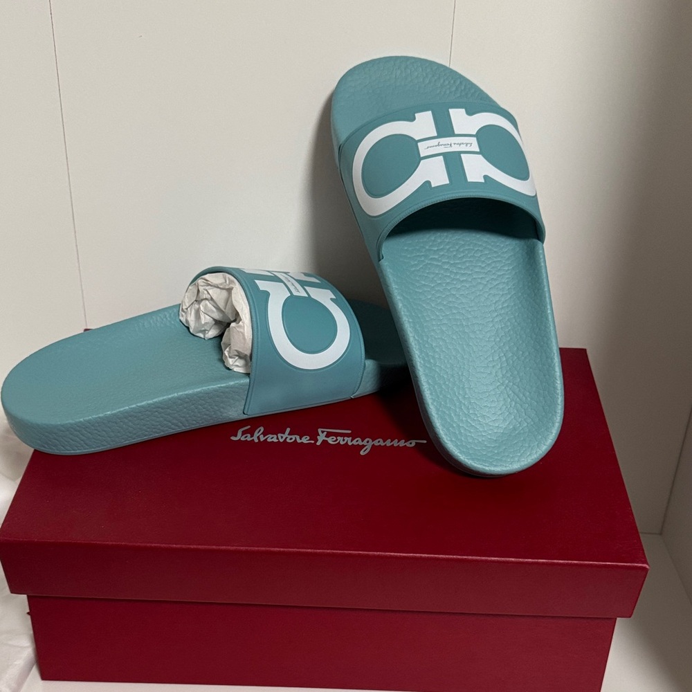 Salvatore Ferragamo Aqua Blue Slide Sandals with White Logo